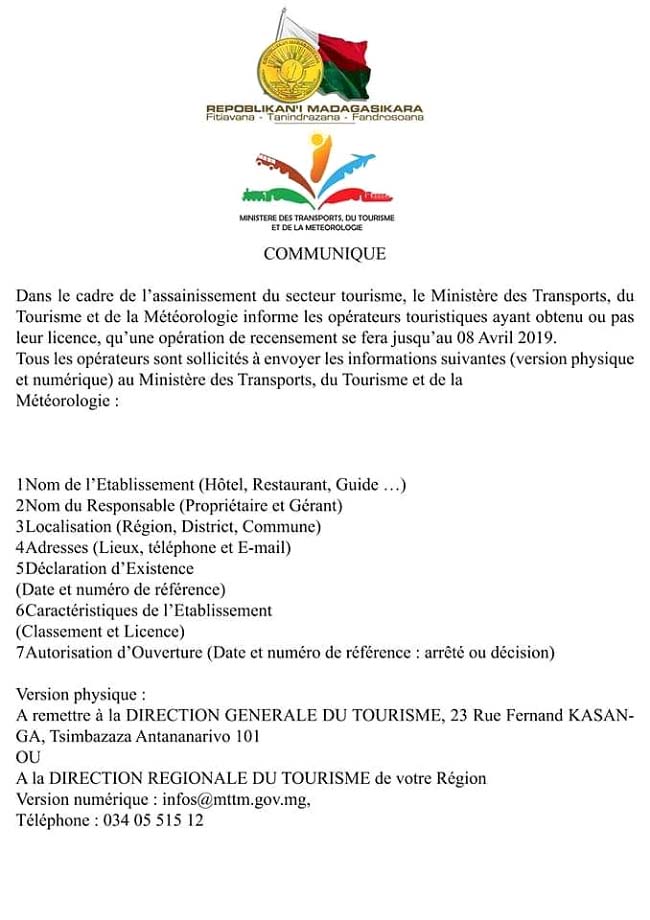 Communiqué Du Ministère Des Transports Du Tourisme Et De La - 